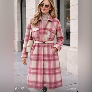 Stylish Beige & Pink Plaid Teddy Jacket S
